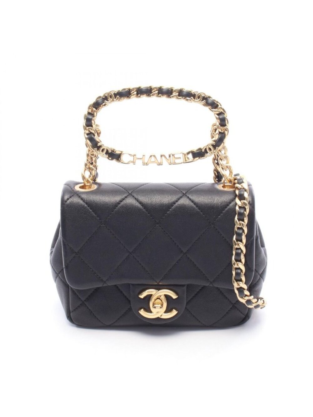 Chanel Shoulder Bag Mini Quilted Top Handle Black Lambskin Chain